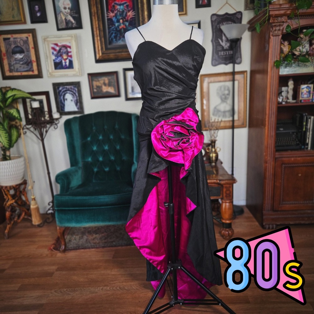 Cindy Dress Gown Black Vintage 80s Pink Rosette High Low Ruched Prom Formal XS